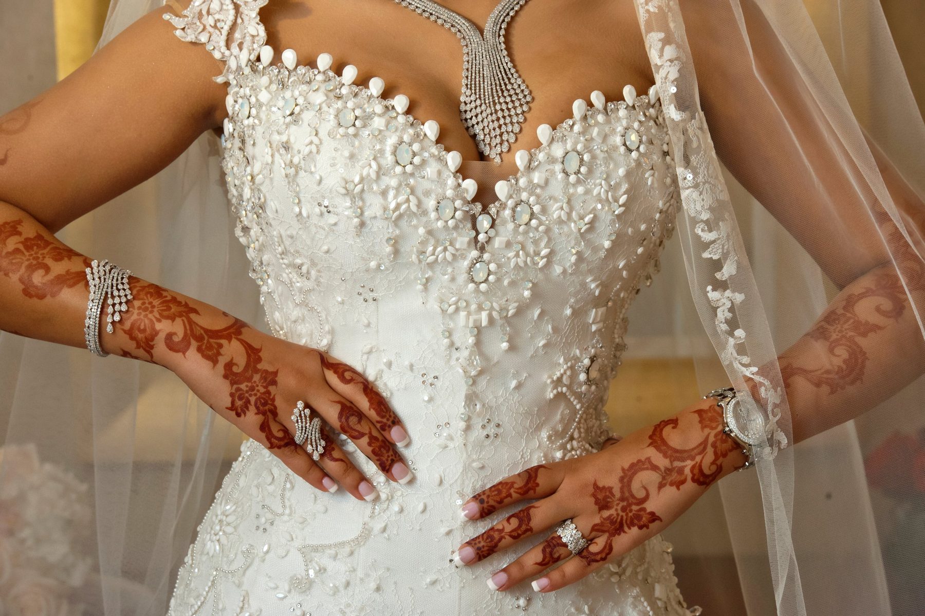 Embellished white bridal attire with henna-covered hands, jewelry and veil
