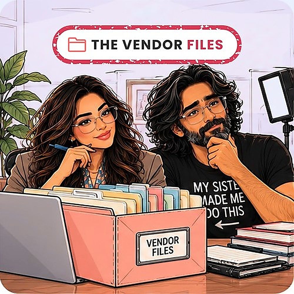 The Vendor Files series artwork: Saba and Jasim with a Vendor Files box of folders