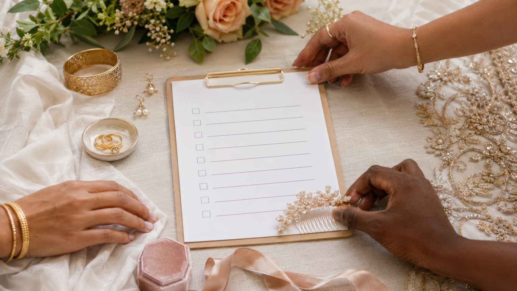 Hands arranging a clipboard checklist among wedding rings, gold jewelry, flowers and ribbon. Written across the checklist: Sign up for Matched & Hitched.