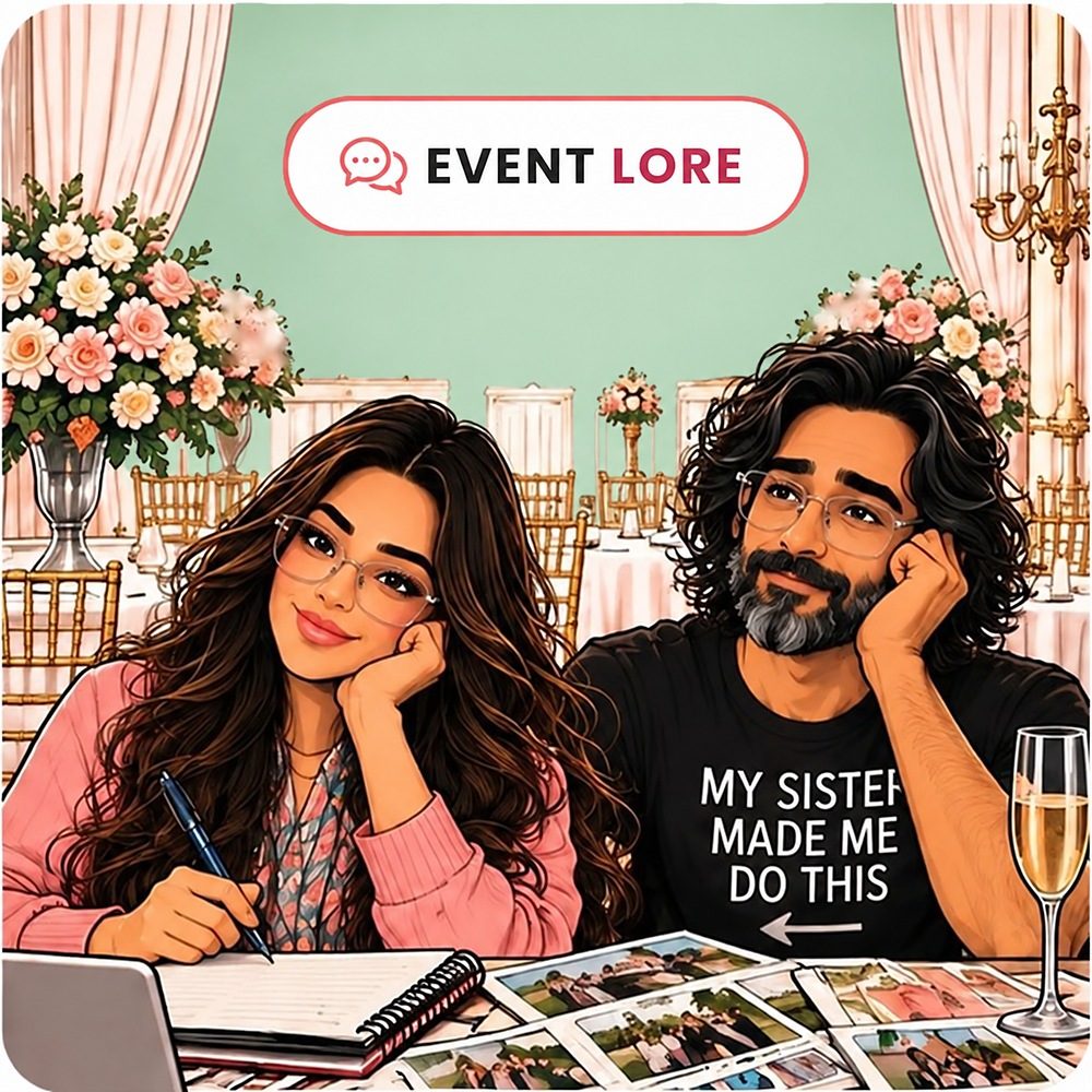 Event Lore series artwork: Saba and Jasim in an event venue with notebooks and photos spread on the table