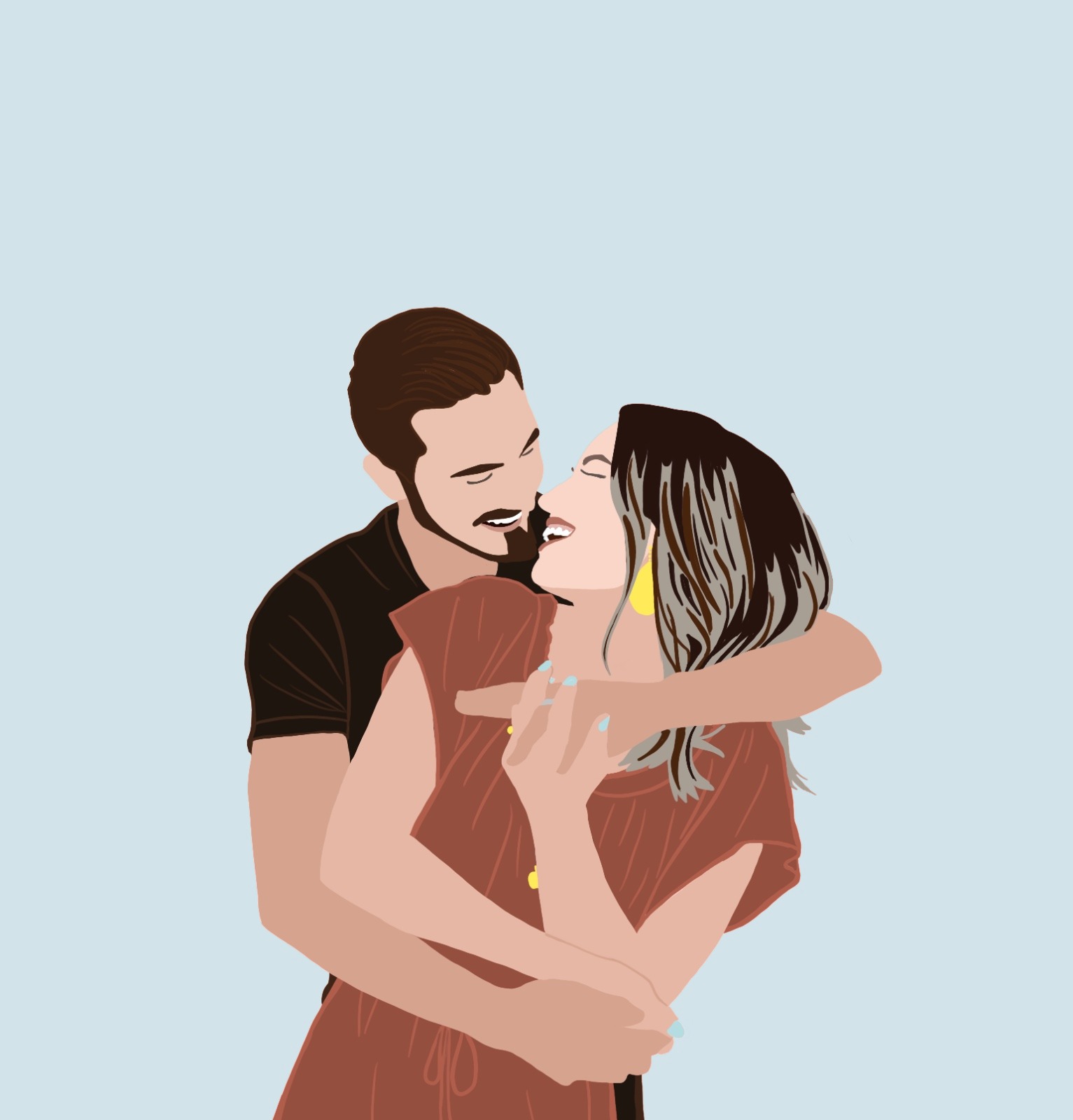 A hand-drawn illustration of a laughing couple embracing, by SiuSiuArt