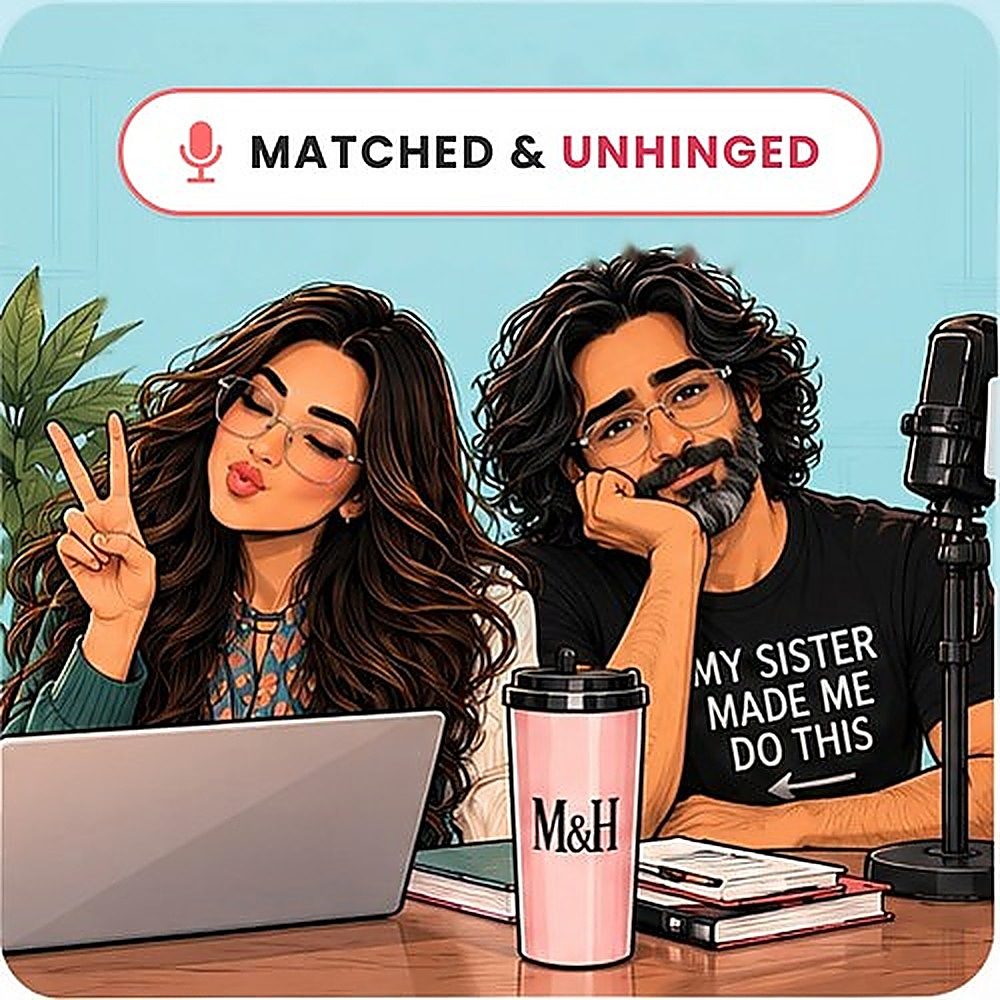 Illustration of Saba and Jasim at a desk with a podcast microphone, laptop and an M&H cup